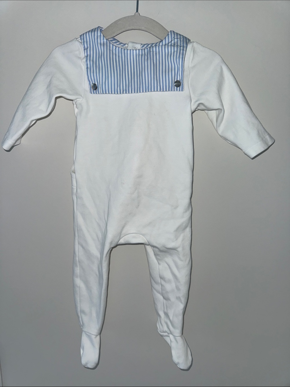 Jacadi White Footed One-Piece with Blue Striped Yoke